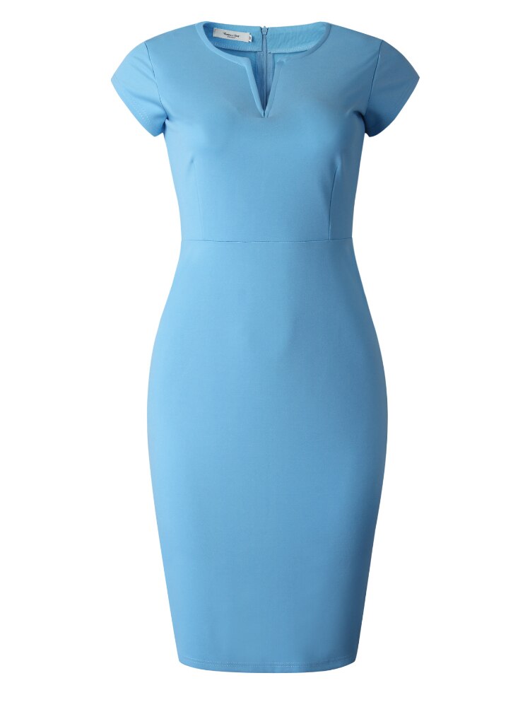 Blue Bodycon Dress Office Ladies Elegan Short Sleeve