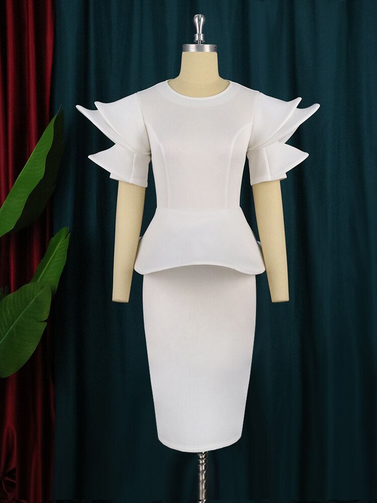White Bodycon Dress O Neck Short Ruffles Sleeve High Waist Ruffles Knee Length Evening Party Outftis for Ladies Cocktail Event