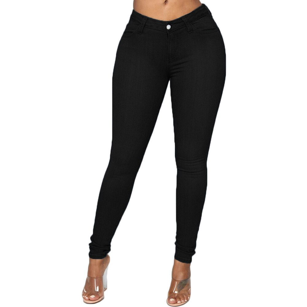 High Elastic Women Skinny Jeans Button Zipper Mid Waist Bodycon Thin Denim Pencil Pants Slim Stretch Trousers Plus Size XS-6XL