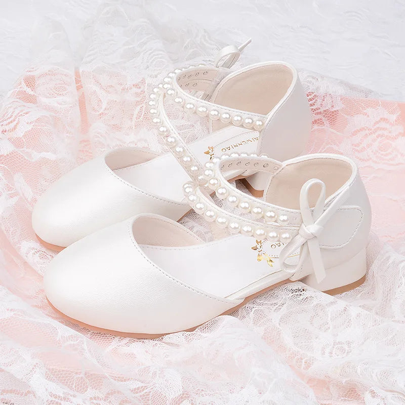 Spring Summer Girl Princess Shoes Pearl Bowknot Children Party Wedding Dress Sandals Fashion Causal Kids Performance High-heel