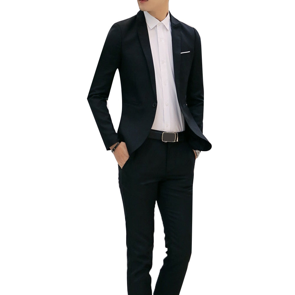 2Pcs Office Business Men Solid Color Lapel Long Sleeve Slim Blazer Pants Suit
