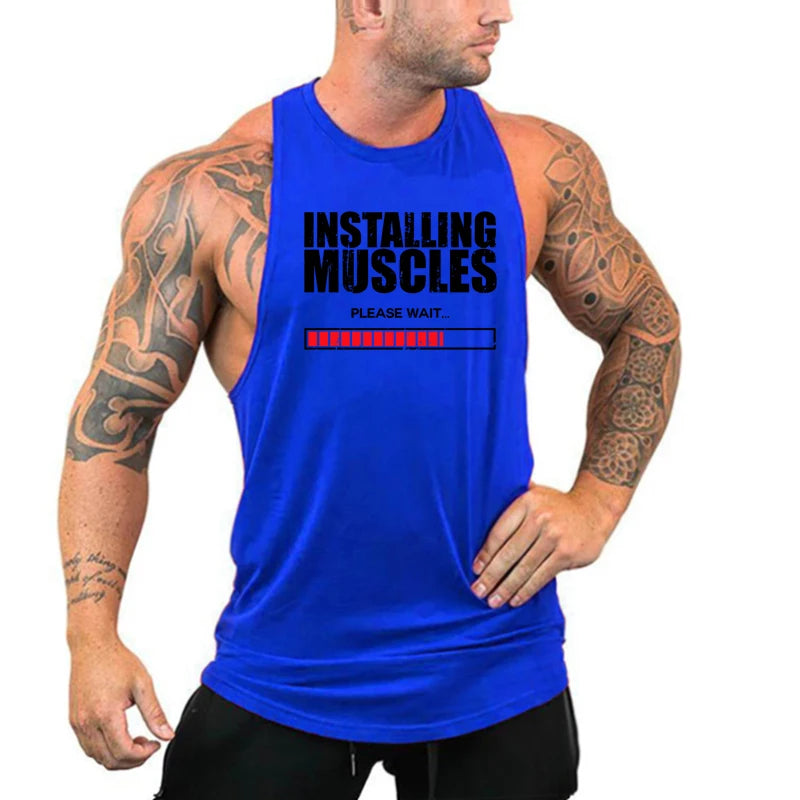 Installing Muscles Please Wait Print Vest Gym Fitness Running Cotton Breathable Tank Top Men Bodybuilding Sleeveless Loose Shirt