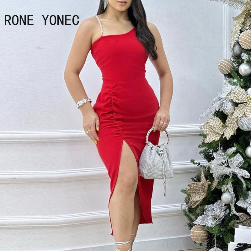 Women Solid Chain Decoration Straps Diagonal Collar Shirring Midi Silt Bodycon Formal Party Red Dresses