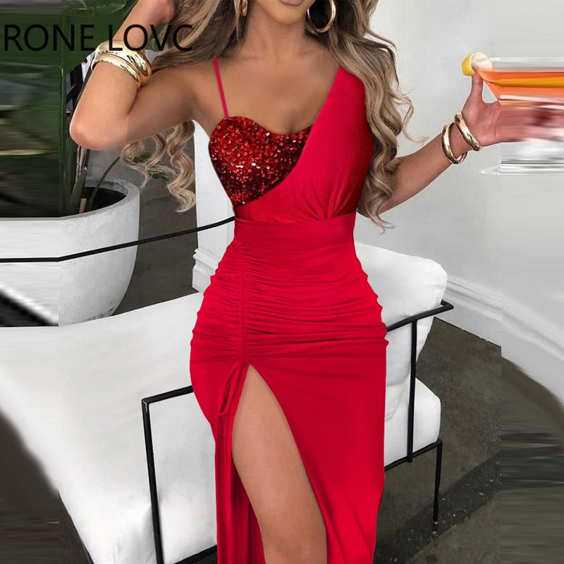Women Glamourous Elegant Sequins Patchwork Spaghetti Straps Shirring High Silt Maxi Bodycon Sexy Formal Party Red Dresses