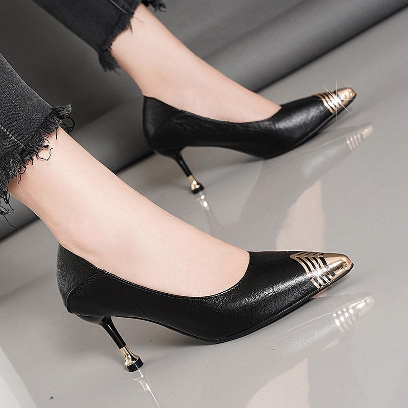 Pointed Toe Soft Leather Shallow Mouth Small High Heels Spring and Autumn Women&amp;#39;s 2022 New All-match Black Leather Shoes Women