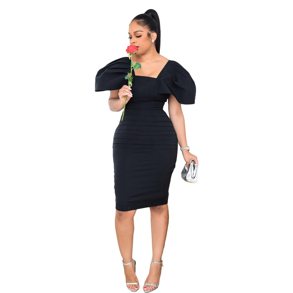 Summer Ruffle Work Dress Women Casual Solid Butterfly Short Sleeve Square Collar Tight Waist Bodycon Party Business Midi Dress