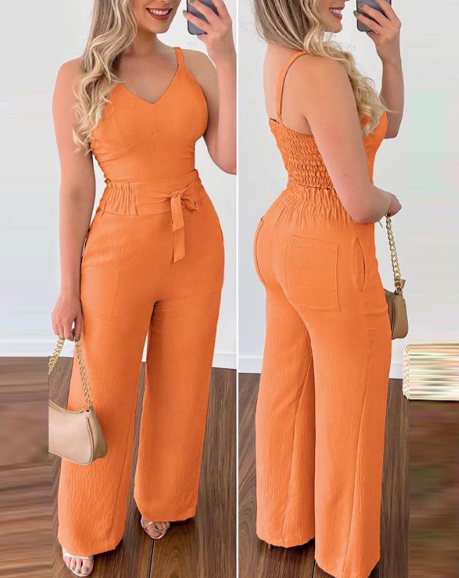 2023 Summer Woman Long Jumpsuits Elegant Sexy V-Neck Shirred Cami Top &amp;amp; High Waist Pants Set New Fashion Casual One Pieces