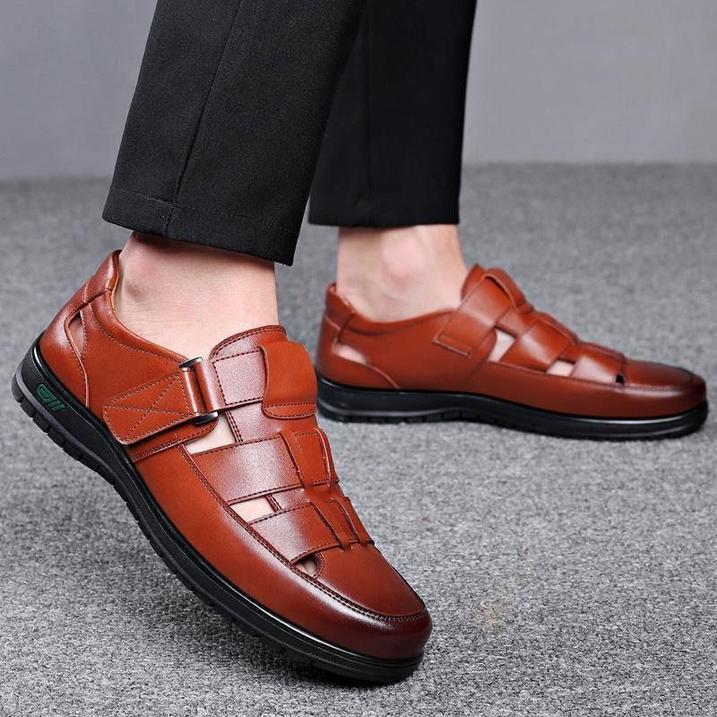 Summer Shoes for Men Hollow Out PU Leather Breathable Sandals Non-slip Flats Soft Bottom Handmade Tide Design Footwear Men Shoes