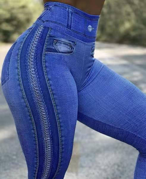 Women Leggings Jeans High Waist Running Sports Faux Denim Slim Fashion Fitness Yoga Pants Female Elastic Casual Pencil Trousers