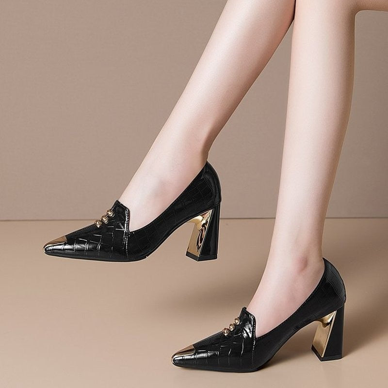Pointed toe single shoes women spring 2021 new comfortable high-heeled women&amp;#39;s shoes thick heel small leather shoes women