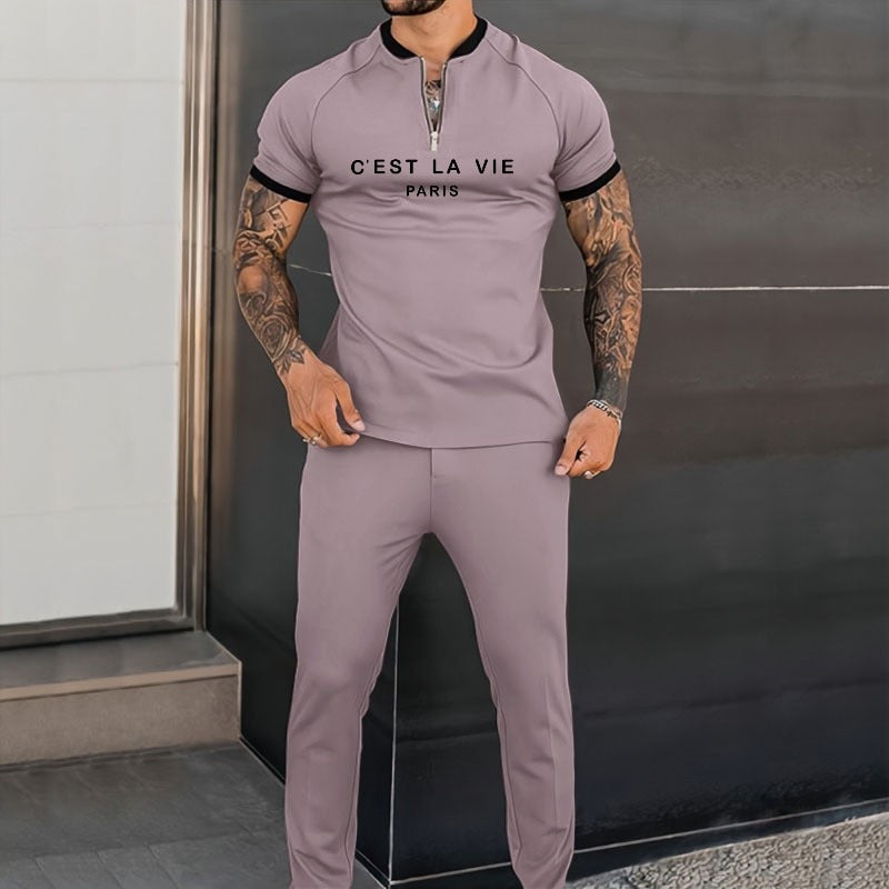 Spring Autumn Long Sleeve T Shirt+Pants Men 2 Piece Sets Men Tracksuit Printed Casual Eound Collar Zipper Sportwear Suit S-3XL