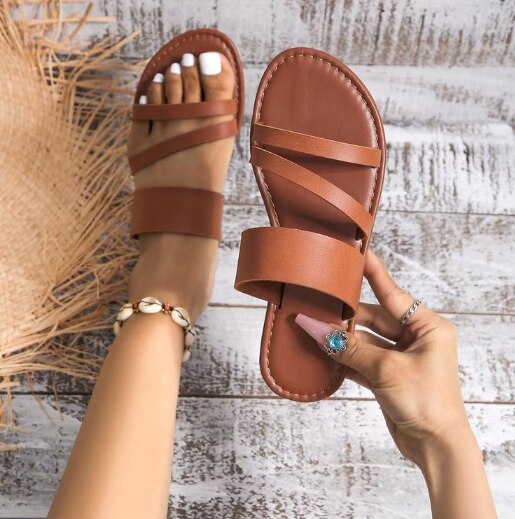 Women&amp;#39;s Slippers Summer Sexy 2023 Leather Open Toe Shoes Outdoor Beach Casual Flat Female Slides Soft Zapatos De Mujer PU1