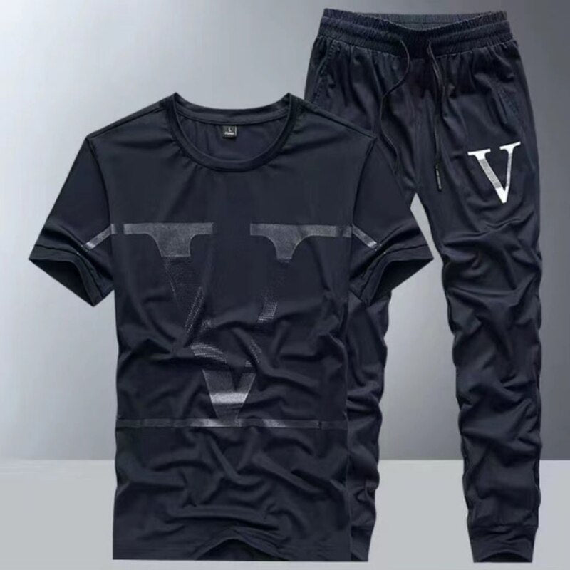 Summer new ice silk suit male summer youth fashion brand short sleeve T-shirt male loose pants casual sportswear male