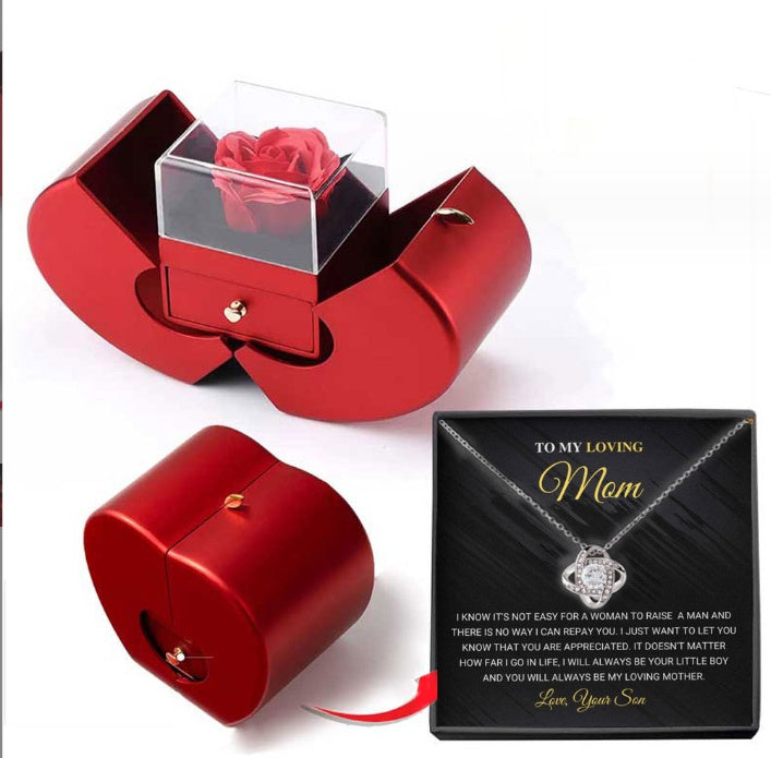 Fashion Jewelry Box Red Apple Christmas Gift Necklace Eternal Rose For Girl Mother&#39;s Day Valentine&#39;s Day Gifts With Artificial Flower Rose Flower Jewelry Box