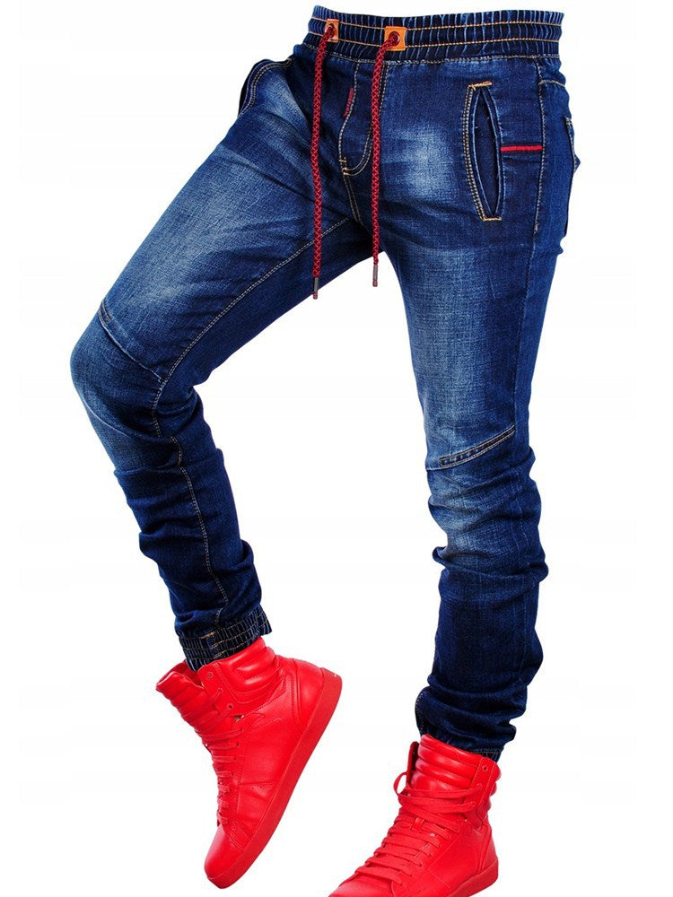 Men&#39;s jeans new elastic elastic waist casual blue trousers