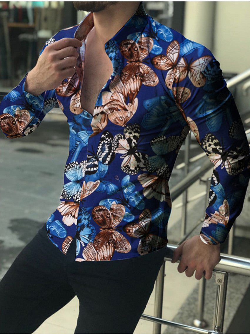 Spring new men&#39;s casual long-sleeved floral shirt