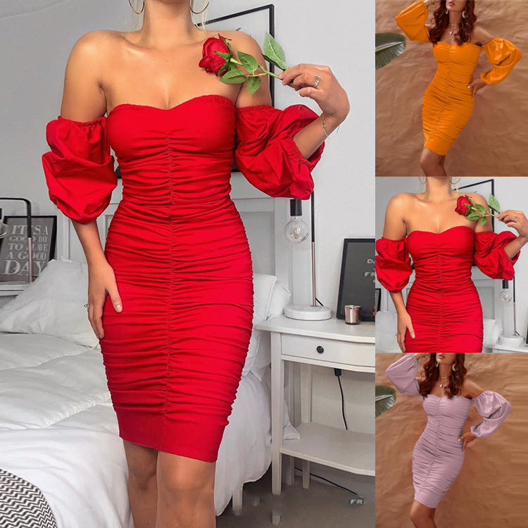 Solid color pleated one line shoulder bag hip dress female - Women &amp; Men Fashion Store | JL Fashion Store
