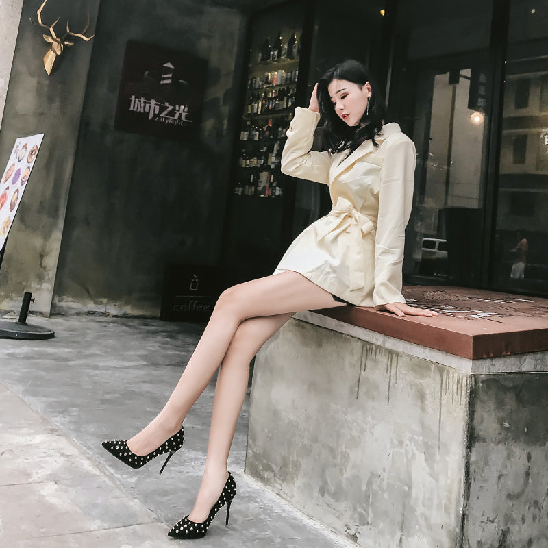 Rivet High Heels Women Stiletto Pointed Suede Single Shoes Korean Nightclub Khaki