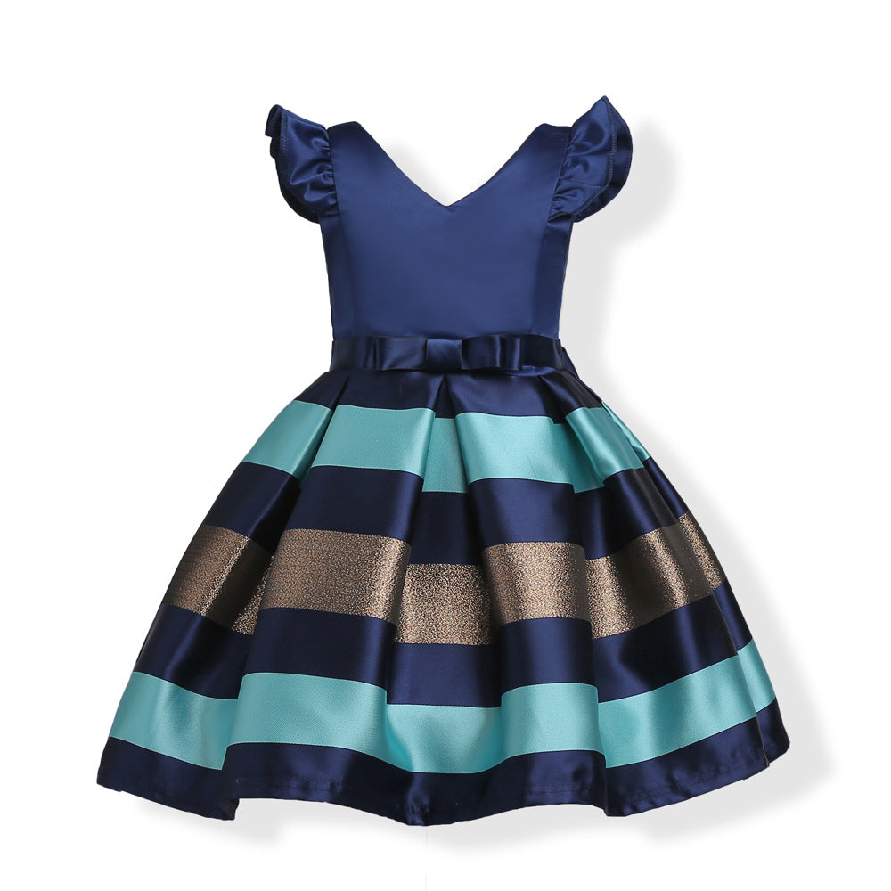 New European and American girls dress small fly sleeves stripes princess dress