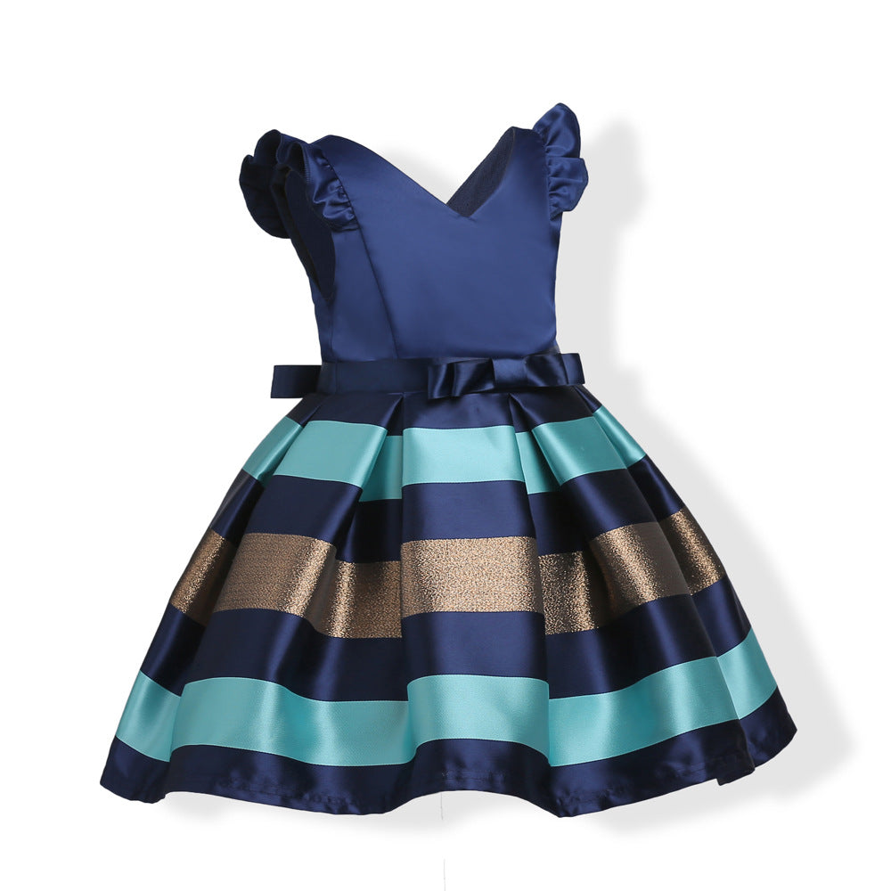 New European and American girls dress small fly sleeves stripes princess dress
