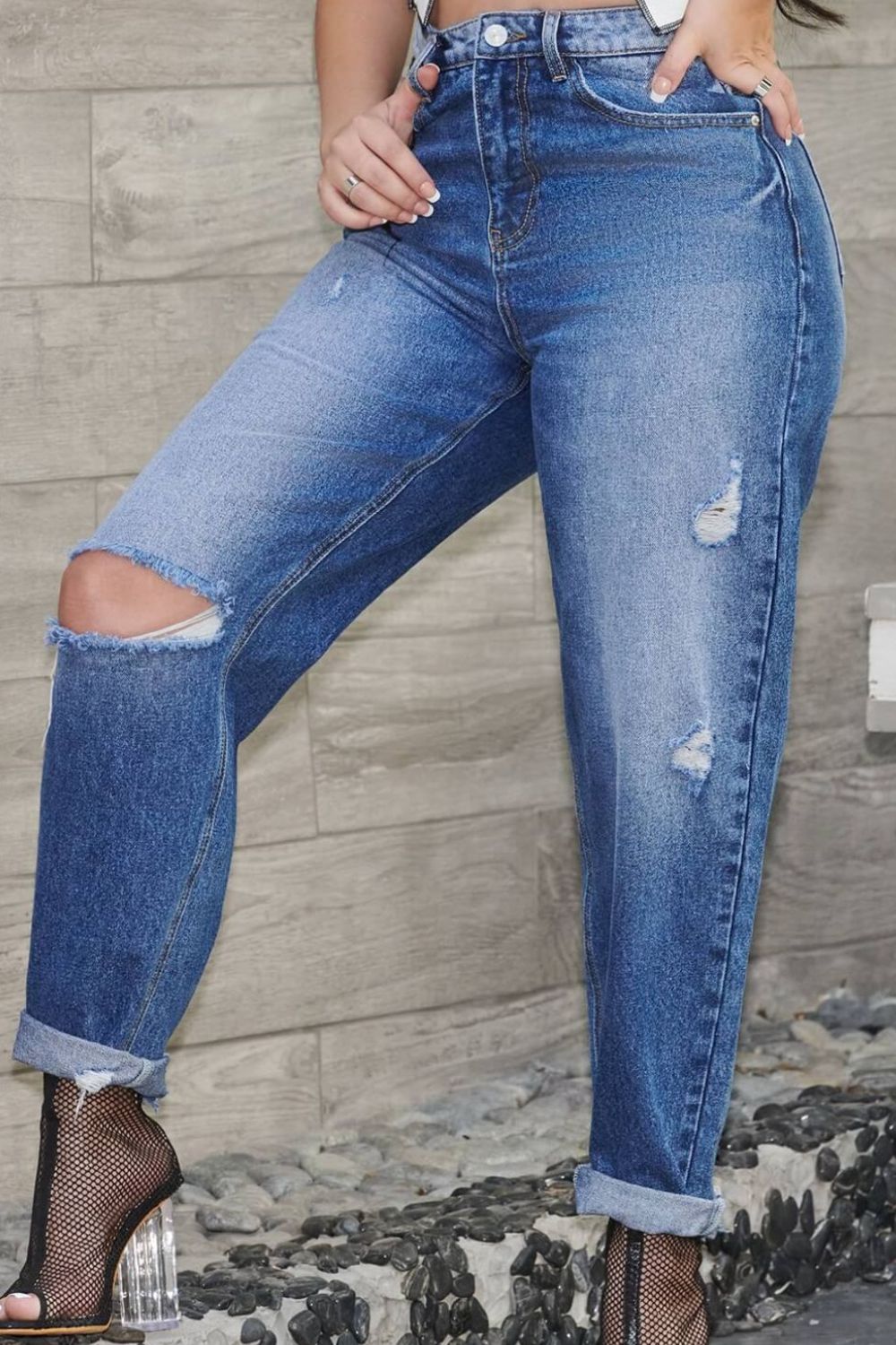 High Waist Distressed Tapered Jeans
