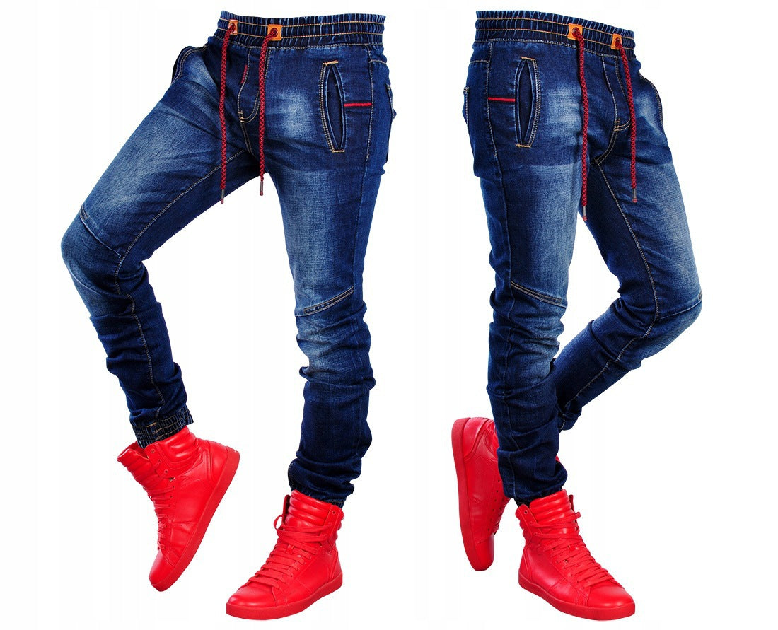 Men&#39;s jeans new elastic elastic waist casual blue trousers