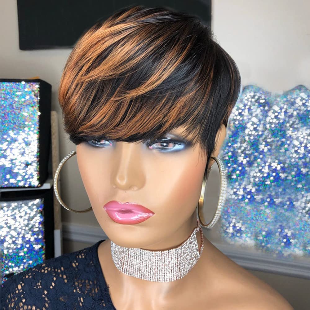 VIP Short Pixie Cut Wig Cheap Human Hair Wigs Straight Bob Wigs With Bangs Full Machine Human Hair for Black Women Black &amp;amp; Ombre