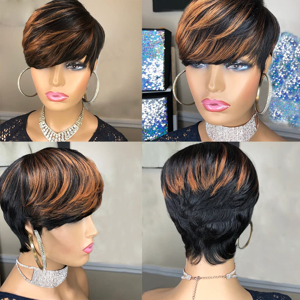 VIP Short Pixie Cut Wig Cheap Human Hair Wigs Straight Bob Wigs With Bangs Full Machine Human Hair for Black Women Black &amp;amp; Ombre