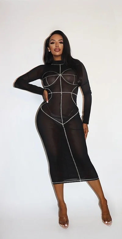 Long Sleeve Power Mesh Mock Neck Bodycon Dress With Contrast Stitching - Women &amp; Men Fashion Store | JL Fashion Store