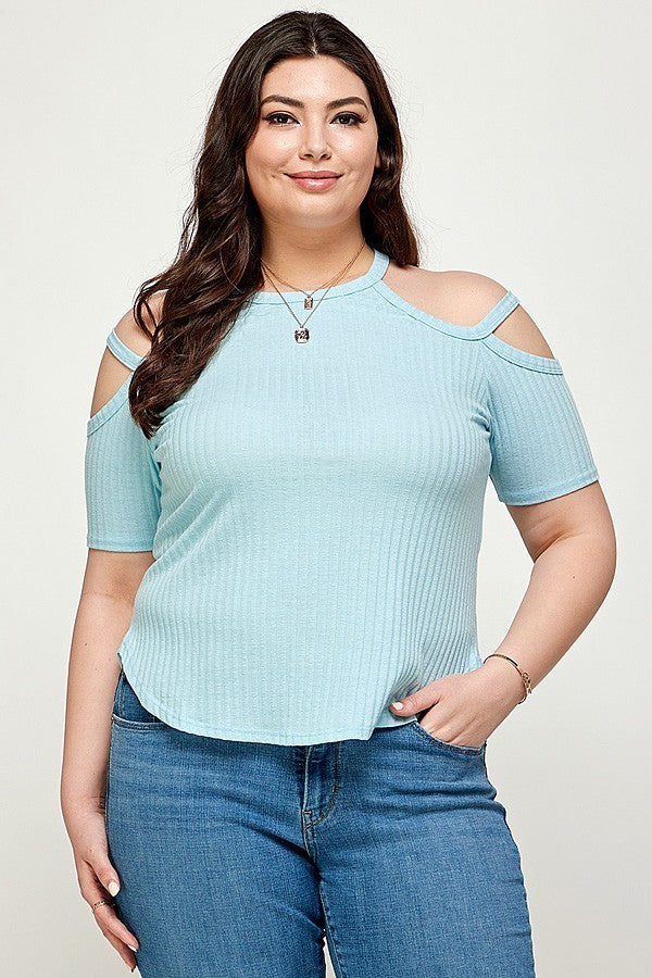 Plus Size, Solid Ribbed Cold Shoulder Top - Women & Men Fashion Store | JL Fashion Store