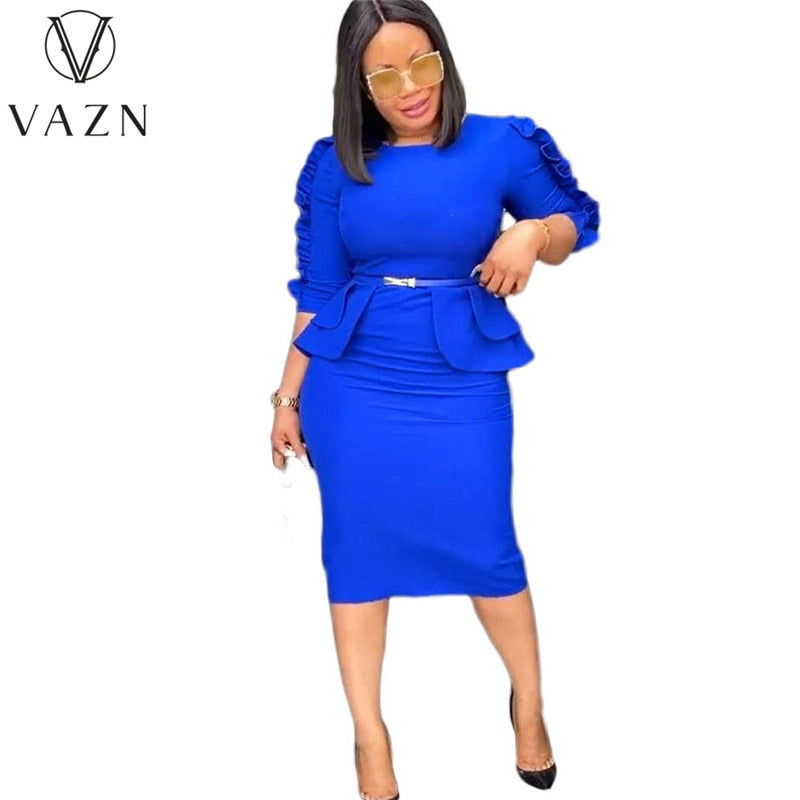 VAZN 2021 Spring Blue High-end Daily Overalls Mature Sweet Three Quarter Sleeve High Waist Women Pencil Midi Dress