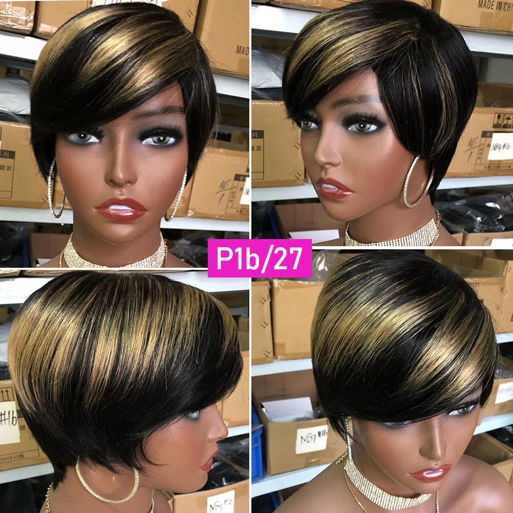 VIP Short Pixie Cut Wig Cheap Human Hair Wigs Straight Bob Wigs With Bangs Full Machine Human Hair for Black Women Black &amp;amp; Ombre