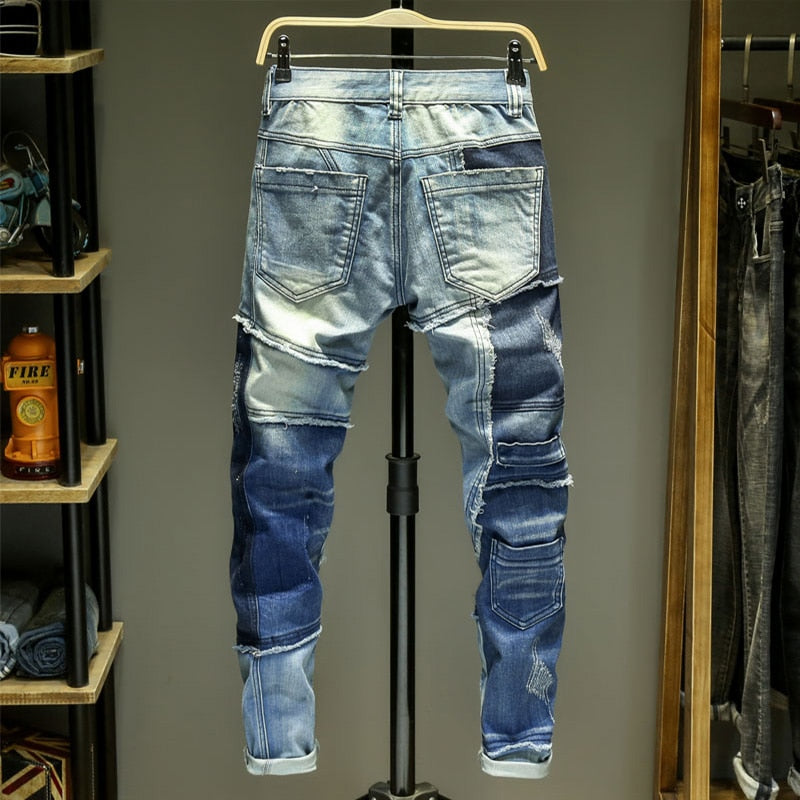 Men Jeans Splice Jean Homme Skinny Denim Ripped Spijkerbroeken Heren Biker Stretch Pants Slim Fit Trousers Warm Pantalon Luxe