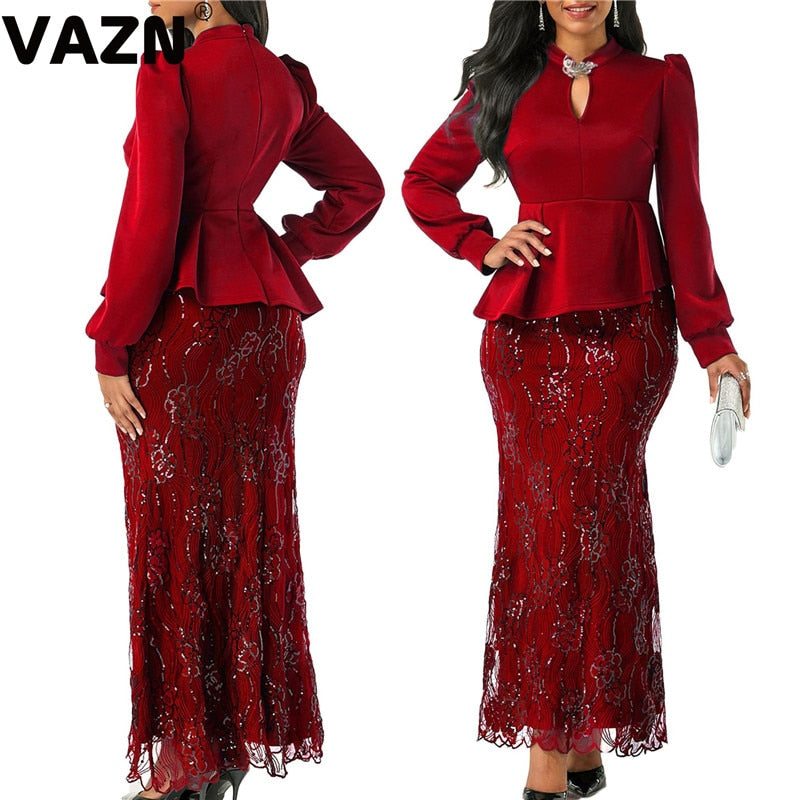 VAZN New chic 2020 spring sexy lady 3 colors long dress full sleeve ruffles ankle-length trumpet dress lady special party dress