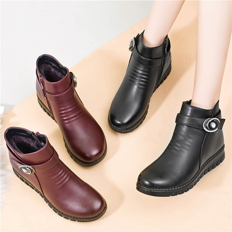 ZZPOHE Winter Boots Genuine Leather Wedge Heels Women Snow Boots Famale Non-slip Warm Fur Ankle Boots Women&amp;#39;s Casual Shoes