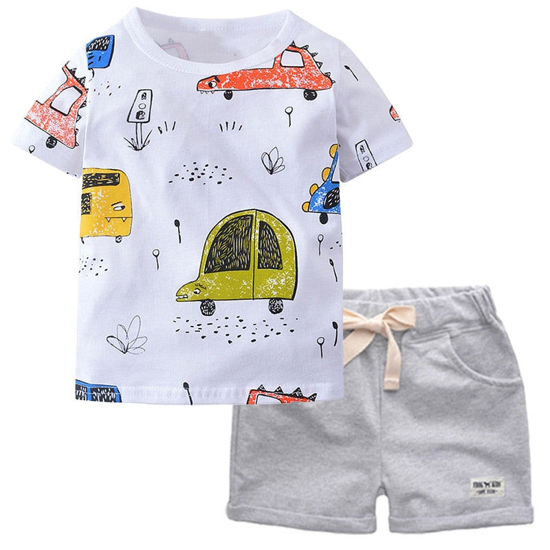 BINIDUCKLING Summer Toddler Boys Clothes Cotton Short Sleeve White Cartoon Car Print T-shirt 2PCS For Kids Children Boy Clothes