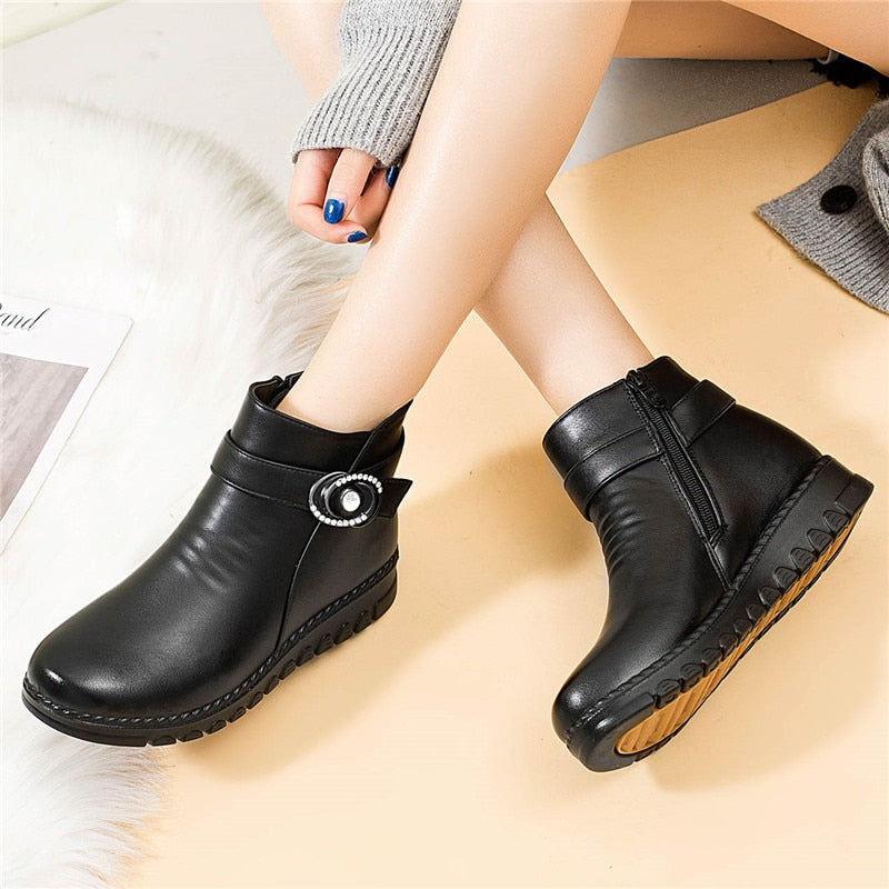 ZZPOHE Winter Boots Genuine Leather Wedge Heels Women Snow Boots Famale Non-slip Warm Fur Ankle Boots Women&amp;#39;s Casual Shoes