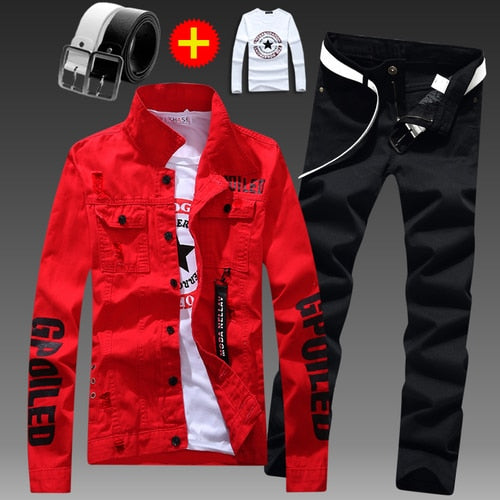 Men&amp;#39;s Slim Fit Denim Jacket Pants 2pcs Set Long Sleeve Coats Letters Printed Casual Large Size Black White Red Boys Trousers