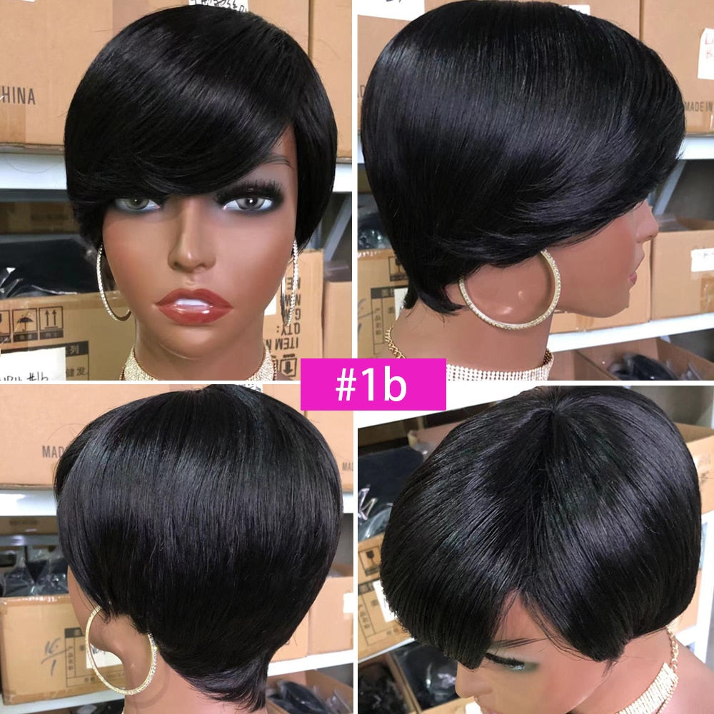 Short Pixie Cut Wig Cheap Human Hair Wigs Straight Bob Wigs With Bangs Full Machine Human Hair Wig for Black Women Black &amp;amp; Ombre