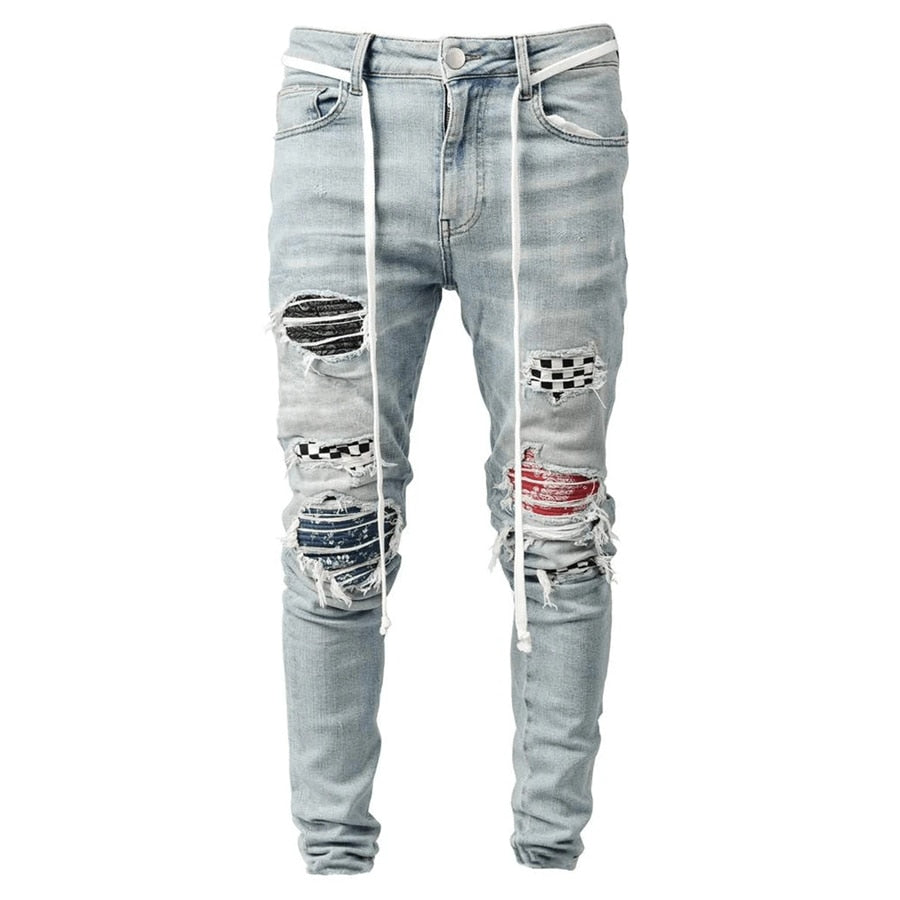 Ripped Pencil Jeans Men Skinny Hole Splicing Biker Side Striped Jeans Destroyed Hole Hip Hop Slim Fit Jean Men&#39;s Pant