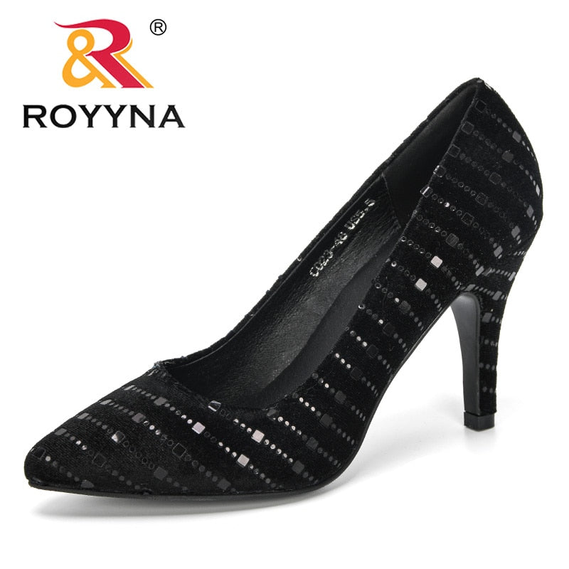 ROYYNA New Designers Lady Flock Shiny Metal High Heels Autumn Pointed Single Shoes Women Wedding Female Sandals Comfortable