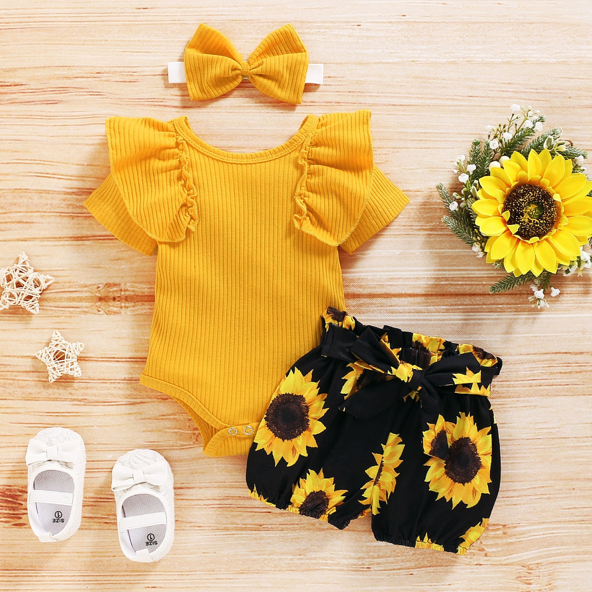 Lioraitiin 0-24M Newborn Infant Baby Girl Clothing Set Short Sleeve Yellow Solid Romper Top Sumflower Printed Shorts 3Pcs Outfit