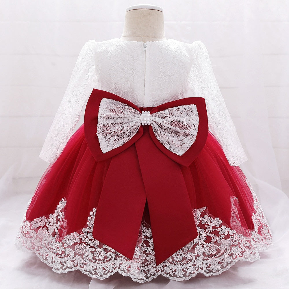 Infant Baby Girl Dress Bow Lace Long Sleeve 1st Birthday Baptism Dress for Girls Flower Party Wedding Dresses Baby Girl Clothes