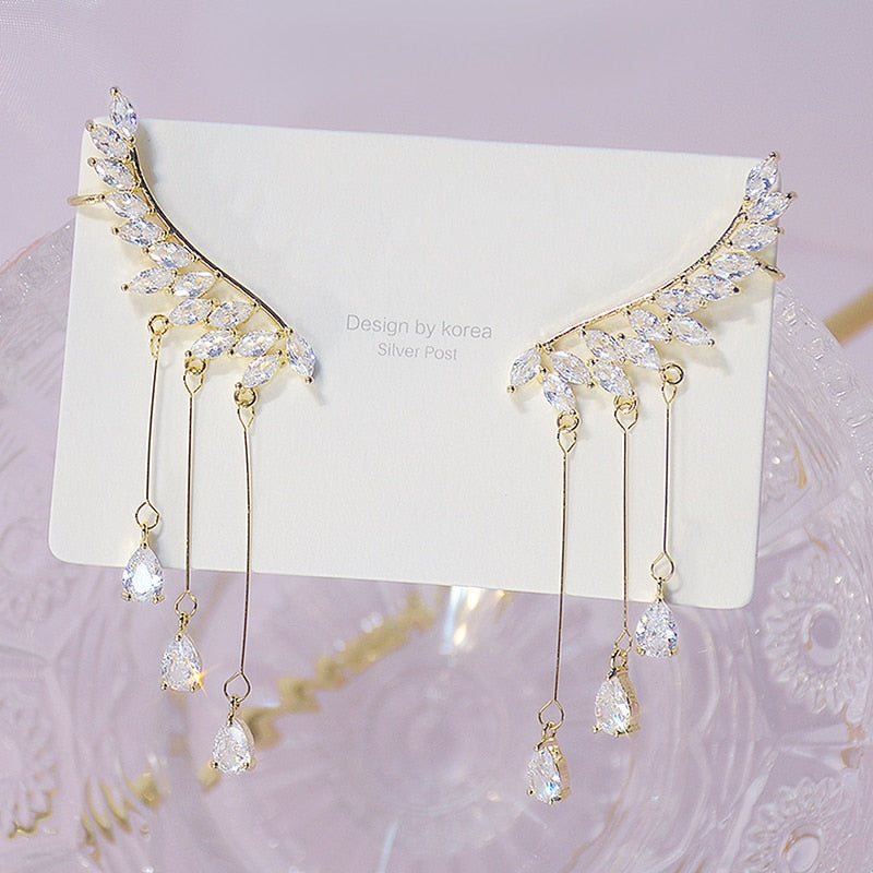 Korean Trendy Bling Zirconia Wing Tassel Earring for Women AAA Transparent Zircon Temperament Shining Stud Earring Pendant Gift