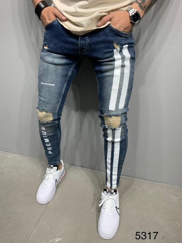 Ripped Pencil Jeans Men Skinny Hole Splicing Biker Side Striped Jeans Destroyed Hole Hip Hop Slim Fit Jean Men&#39;s Pant