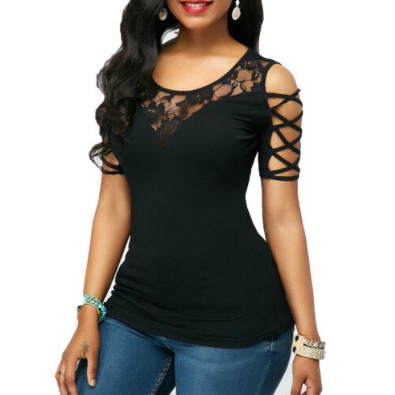 Women Lace T-shirt Solid Color Mesh Round Neck Short Sleeve Bandage Hollow Out Slim Tee Top Summer Casual Tops