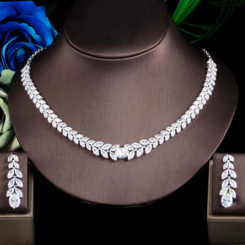 ThreeGraces Elegant Nigerian Leaf Sparkling White Cubic Zirconia Engagement Necklace Drop Earrings Costume Jewelry Sets JS643