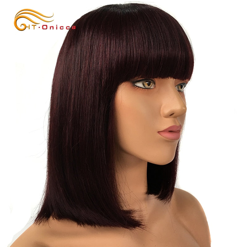 Red Wig With Bangs Human Hair Short Straight Bob Wigs For Women Brazilian Hair No Lace Full Machine Made Human Hair Wigs