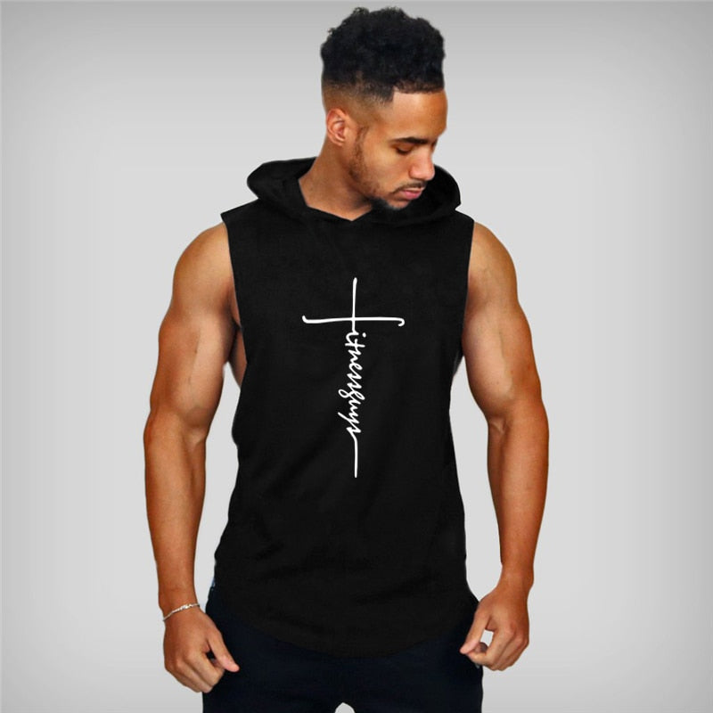 Muscle Fitness Guys Gym Clothing Mens Bodybuilding Hooded Tank Top Men Cotton Sleeveless T Shirt Running Vest Workout Sportswear