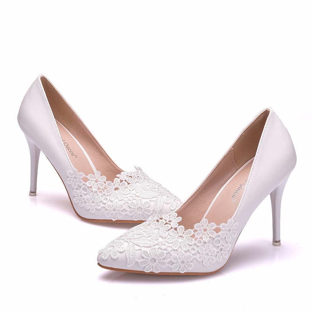 Crystal Queen White Lace Flower Pumps Womens Elegant Wedding Shoes Bride High Heels Platform Ladies Wedges Party Dress Stiletto